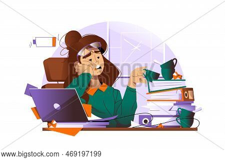 Tired Woman Sitting At Workplace Vector Illustration. Overworked Emale At Office. Busy Day And Fatig