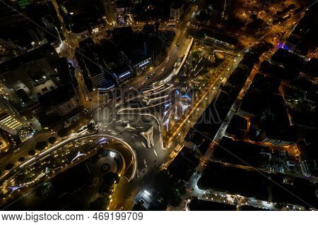 Aerial Drone Photograph Of Cityscape Of Nicosia In Cyprus At Night. European Cities