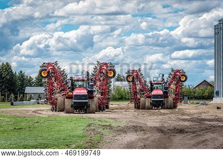 Wymark, Sk, Canada- May 28, 2022:  Case Air Drills Used For Seeding, Fertilizing And Cultivating Cro