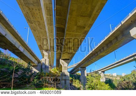View Of An Overhead Highway Interchange, Of The Carmel Tunnels, Over The Nahal Giborim (wadi Rushmiy