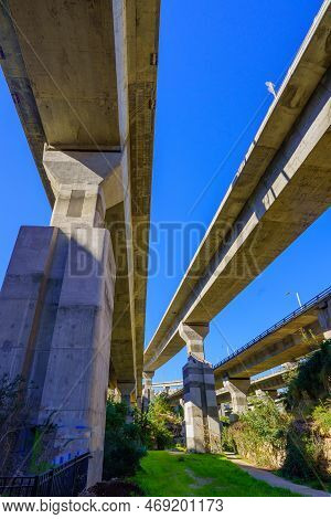 View Of An Overhead Highway Interchange, Of The Carmel Tunnels, Over The Nahal Giborim (wadi Rushmiy