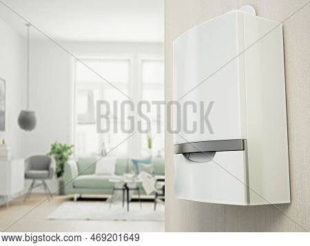 Combi Boiler On The Wall With Contemporary Living Room View On The Left. 3d Illustration.