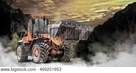 Bulldozer Or Loader At A Construction Site Working In Smoke Or Fog. Powerful Wheel Loader Or Bulldoz