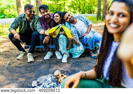 Multiracial Pakistanian Happy Friends At Picnic Camping Park