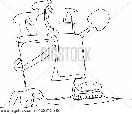 Continuous One Line Drawing Of Bottles For Liquid Laundry Detergent, Bleach, Fabric Softener, Dishwa