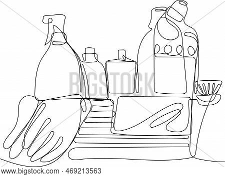 Continuous One Line Drawing Of Bottles For Liquid Laundry Detergent, Bleach, Fabric Softener, Dishwa