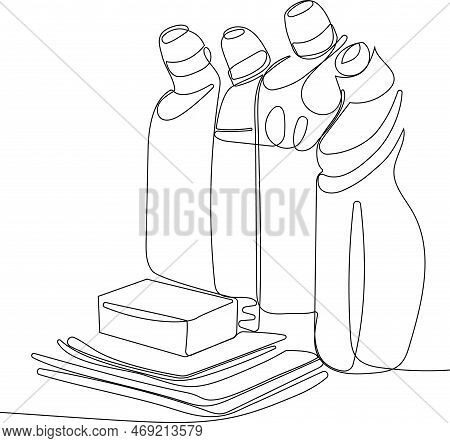 Continuous One Line Drawing Of Bottles For Liquid Laundry Detergent, Bleach, Fabric Softener, Dishwa