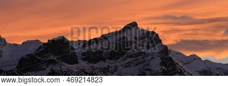 Orange Sky Over Mount Schluchhore, Swiss Alps.