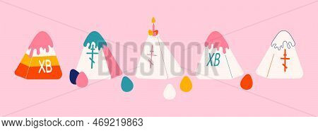 Set Of Easter Cakes Cottage Cheese Paskha Vector Illustration