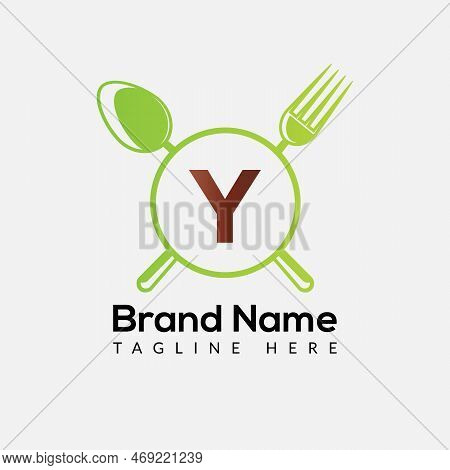 Restaurant Logo On Letter Y Template. Food On Y Letter, Initial Chef Sign Concept