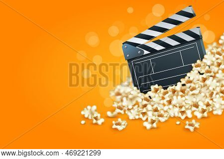 Movie Banner, Cinema Background, Popcorn And Clapperboard. Creative Food, Camera Art Layout, Film In