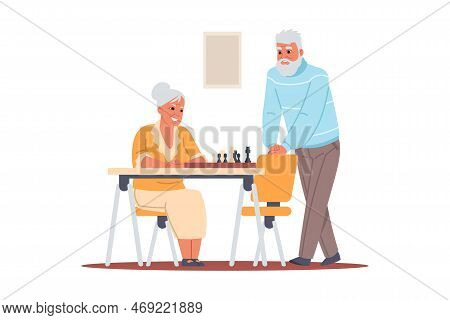 Senior People. Elderly Characters Playing Chess. Grandparents Leisure. Retired Persons At Chessboard