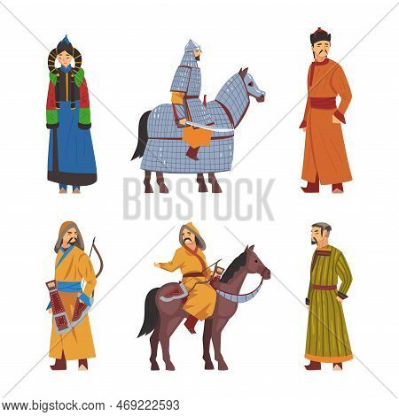 Mongol Nomad Characters In Traditional Clothing Vector Set