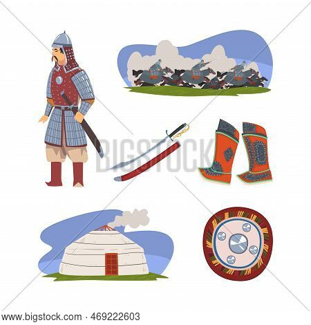 Mongol Nomad Character In Traditional Clothing With Yurt Dwelling, Boots And Shield Vector Set