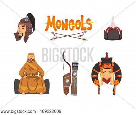 Mongol Nomad Characters In Traditional Clothing With Quiver With Bow And Headdress Vector Set