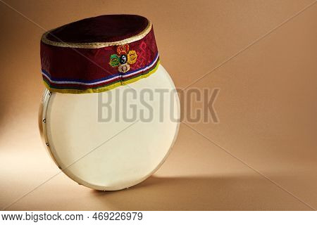 Happy Sonam Losar Lunar New Year Festival Of Nepal. Traditional Tamang Topi Hat And Hand Drum For Ce