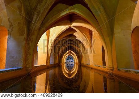 Seville, Spain - Dec 8, 2021: Baths Of Dona Maria De Padilla In The Royal Alcazar Of Seville, Spain.