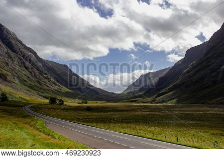 Scottish Landscape, Three Sisters Mountain Range In Highlands, Glencoe.
