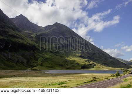 Scottish Landscape, Three Sisters Mountain Range In Highlands, Glencoe.