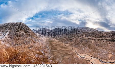 Aerial View Of Poisen Glen Next To Mount Errigal, The Highest Mountain In Donegal - Ireland.