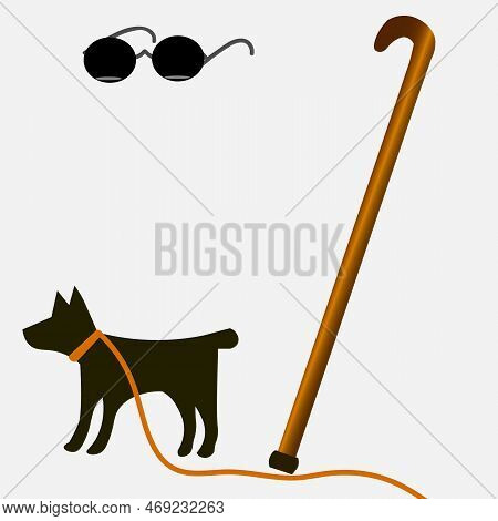 Vector Graphics. On A White Background, Black Glasses, A Cane And A Guide Dog With A Leash.