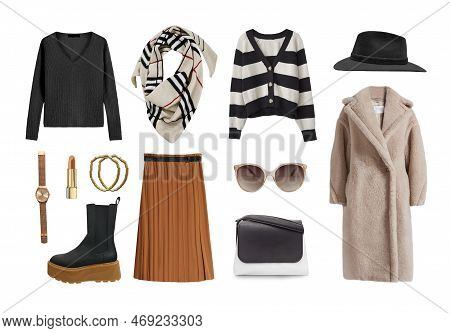 Treny Women's Fashion Clothes Collection Isolated. Female Clothing On White. Beautiful Black Beige A