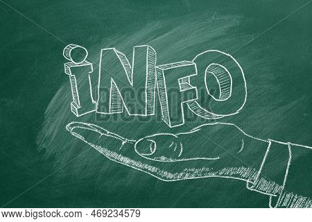 Human Hand And 3d Text Info Drawn In Chalk On A Greenboard. First-hand Information, Direct Informati