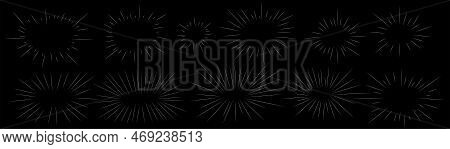 Set Of Linear Simple Explosions On A Black Background. Stock Illustration With Dynamic Lines. Vector