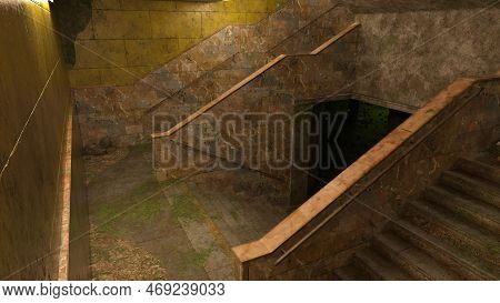 3d-illustration Of An Abondoned Postapocaliptic Subway Station