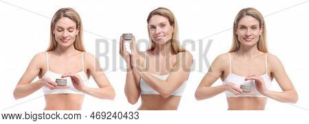 Photos Of Woman Holding Jar With Body Cream On White Background, Collage Design