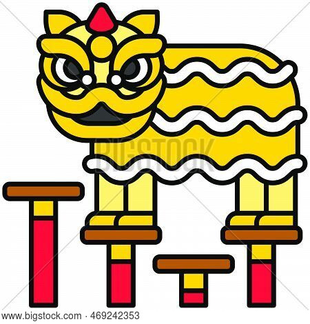 Lion Dance Dancing On Poles Icon, Lion Dance Related Vector Illustration