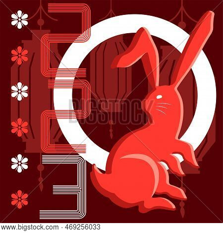 Red Chinese New Year Postcard With Rabbit Zodiac Sign, Symbol Of 2023, Graphic Design Card With Chin