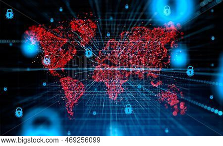 Red World Map Hologram With Digital Cybersecurity And Glowing Locks, Data Storage. Concept Of Cybera