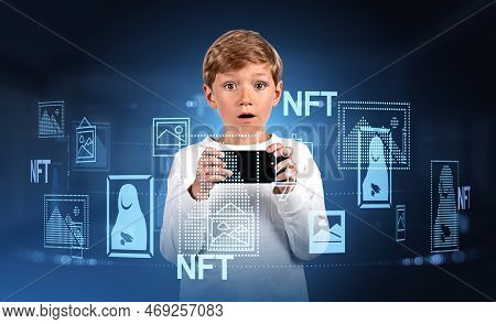 Child Boy With Phone In Hands, Open Mouth Looking At The Camera. Digital Hologram With Nft Art, Digi
