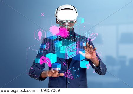 Black Businessman In Vr Glasses Hands Touch Metaverse Hud Hologram. Cyberspace And Information Field