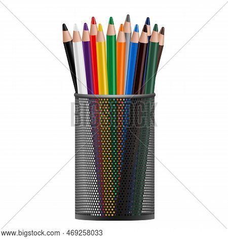 Black Metal Pencil Cup Filled With Colorful Used Pencils, Isolated On A White Background. Realistic 