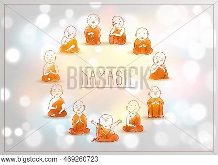 Cute Cartoon Buddhist Monks On White Glowing Background. Traditional Oriental Ink Painting Sumi-e, U