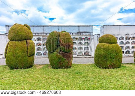 Tulcan, Ecuador - October 8, 2022: Cemetery With Green Sculptures Made Of Plants