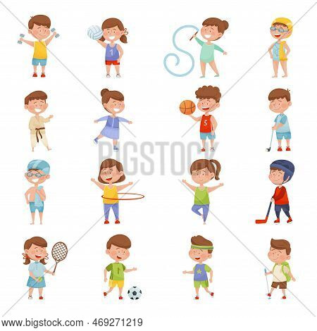 Happy Children Doing Different Sport And Physical Exercise Big Vector Set