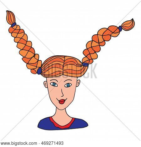 Happy Doodle Teenager Girl With Red Hair In Pigtails Isolated On White Background. Pippi Longstockin