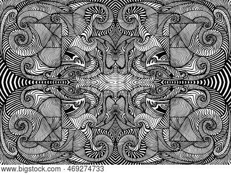 Mozaik Psychedelic Coloring Page. Black Line Isolated On White Background. Monochrome Abstract Fract