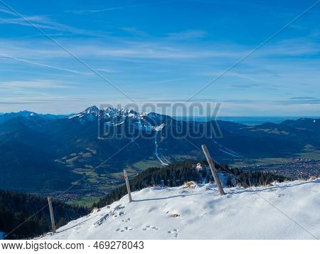 Lengries, Germany - December 28th 2022: Panoramic View Towards Brauneck, Bavarian Mountain On A Sunn