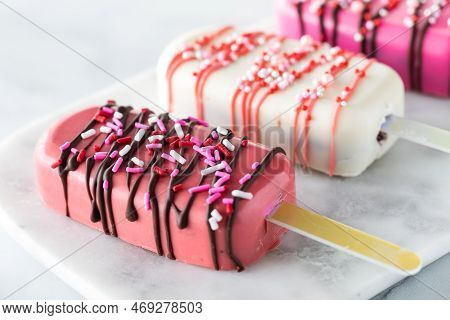 Homemade Valentines Day Cakesicles On A Marble Slab, Ready For Eating.