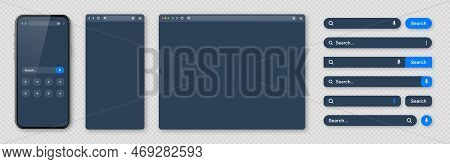 Smartphone, Blank Internet Browser Window And Search Bar Templates, Dark Mode. Web Site Engine With 