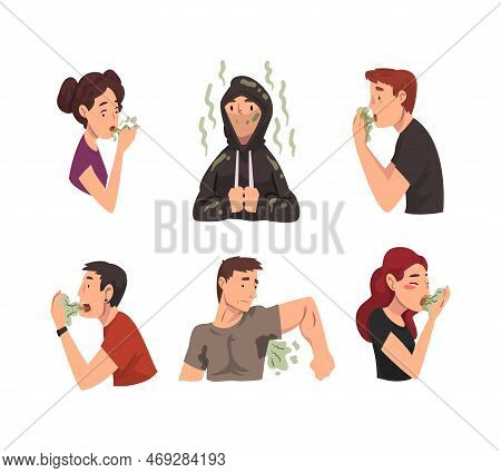 Stinky Man And Woman Character Having Bad Odor From Their Clothes, Mouth And Armpit Vector Set