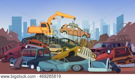 Car Dump. Damaged Destroyed Old Broken Cars In Big Stack For Recycling Processes Exact Vector Junkya