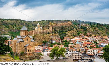 Tbilisi Old Town With Metekhi Church, Narikala Fortress On Hill And Sulfur Baths District. Tiflis Wi