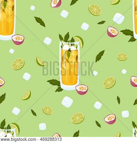 Seamless Pattern With Summer Cocktail Passion Fruit Mojito In Glass With Ice Cubes , Lime And Mint O