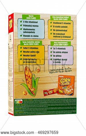 Tallinn, Estonia - January 2023. Nestle Corn Flakes Breakfast Cereal. Red Box Of Popular Breakfast C