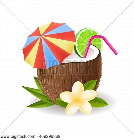 Coconut Cocktail. Cocos Nut Half With Lime Slice Umbrella Straw, Flower Beach Bio Drink Cartoon Vect